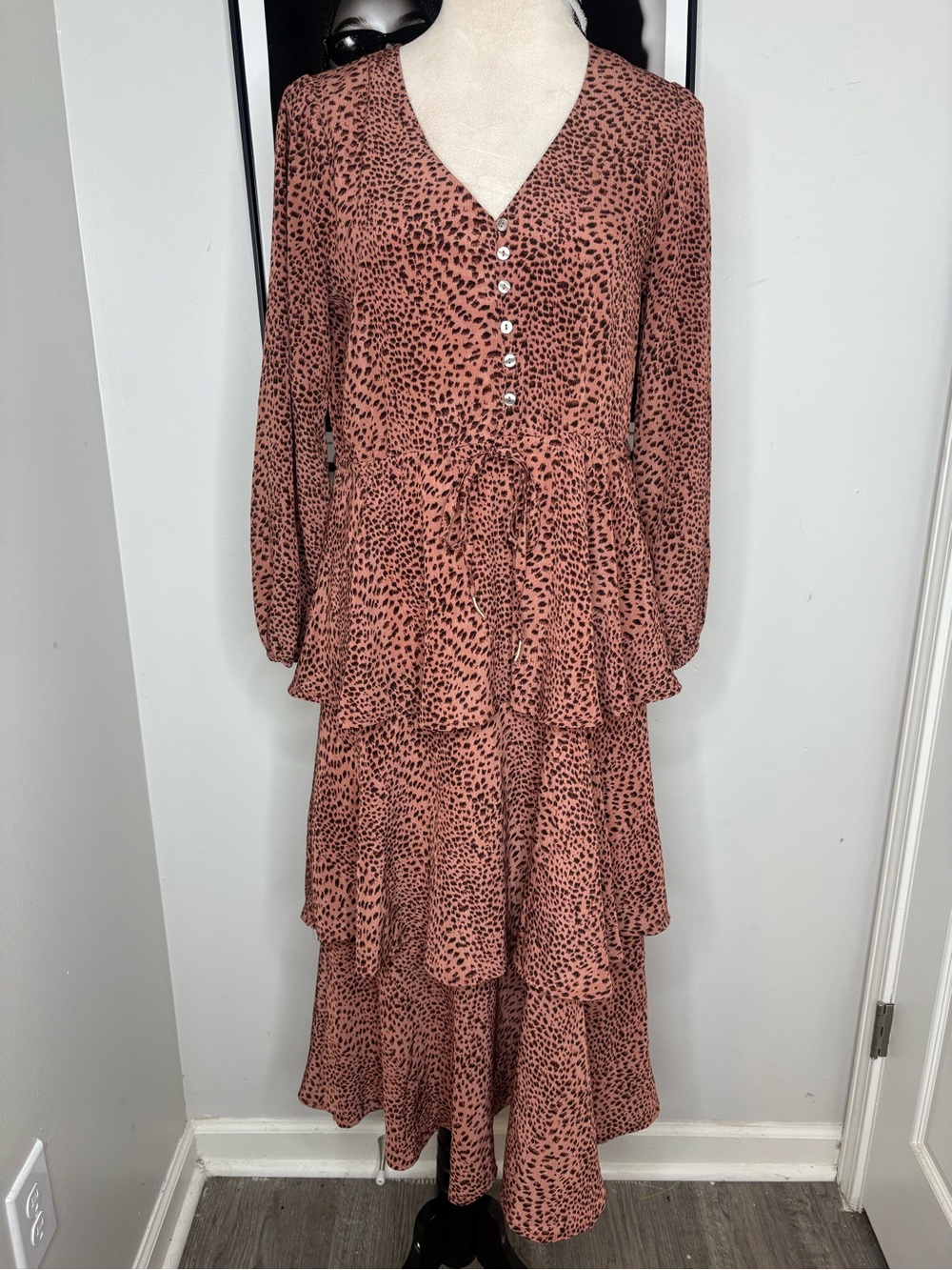 Mystree Dusty Rose Animal Print Tiered Maxi Dress